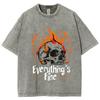 American Retro High Street T-Shirt Skull Fire Print Women's Short Sleeve Washed Denim Crew Neck Cotton Heavyweight Tee
