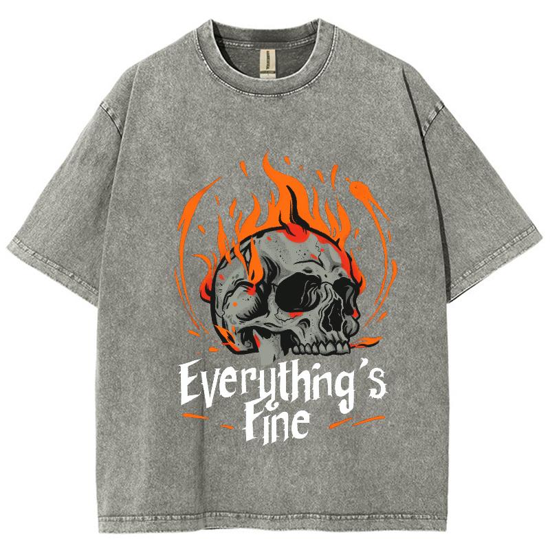 American Retro High Street T-Shirt Skull Fire Print Women's Short Sleeve Washed Denim Crew Neck Cotton Heavyweight Tee