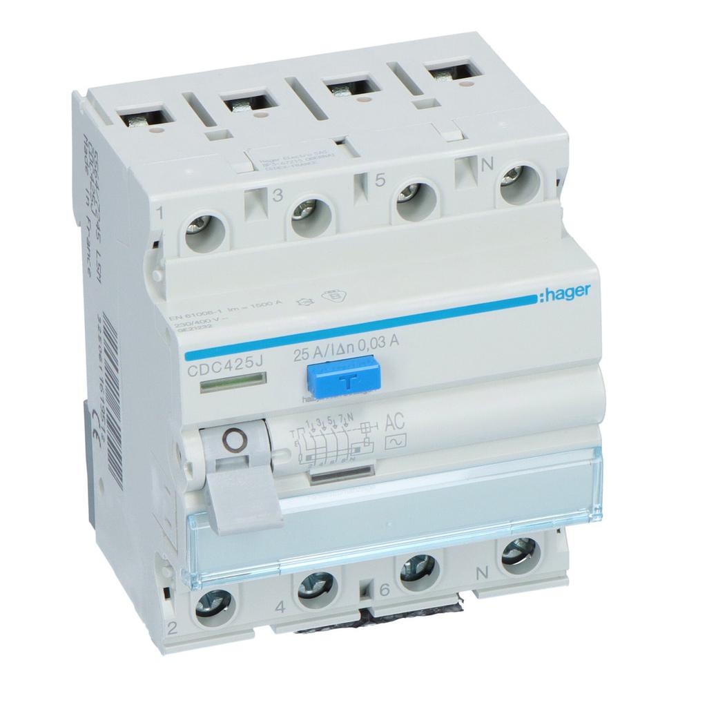 25A, 30mA, 4-pole differential circuit breaker, AC type