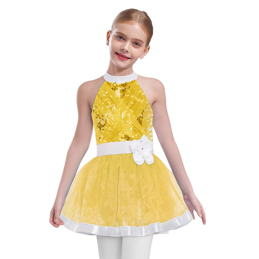 Girls Shiny Sequins Layered Tulle Ballet Dance Dress Sleeveless Cutout Back Tutu Dress Built In Briefs Skirt