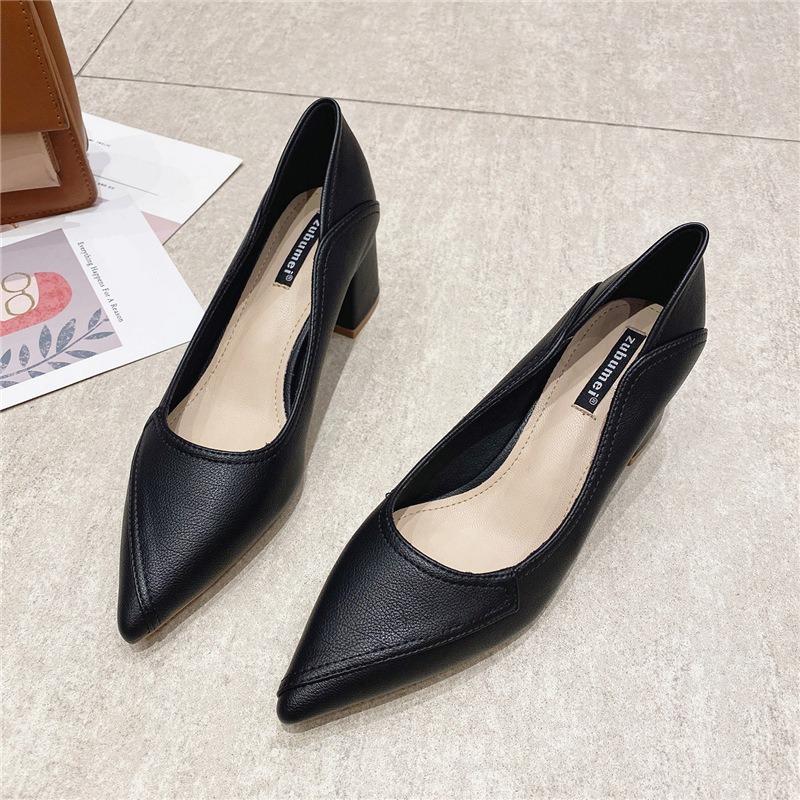 55-Pointed thick heel shallow mouth women's single shoes professional work shoes daily comfort high heels women's comfortable commuting