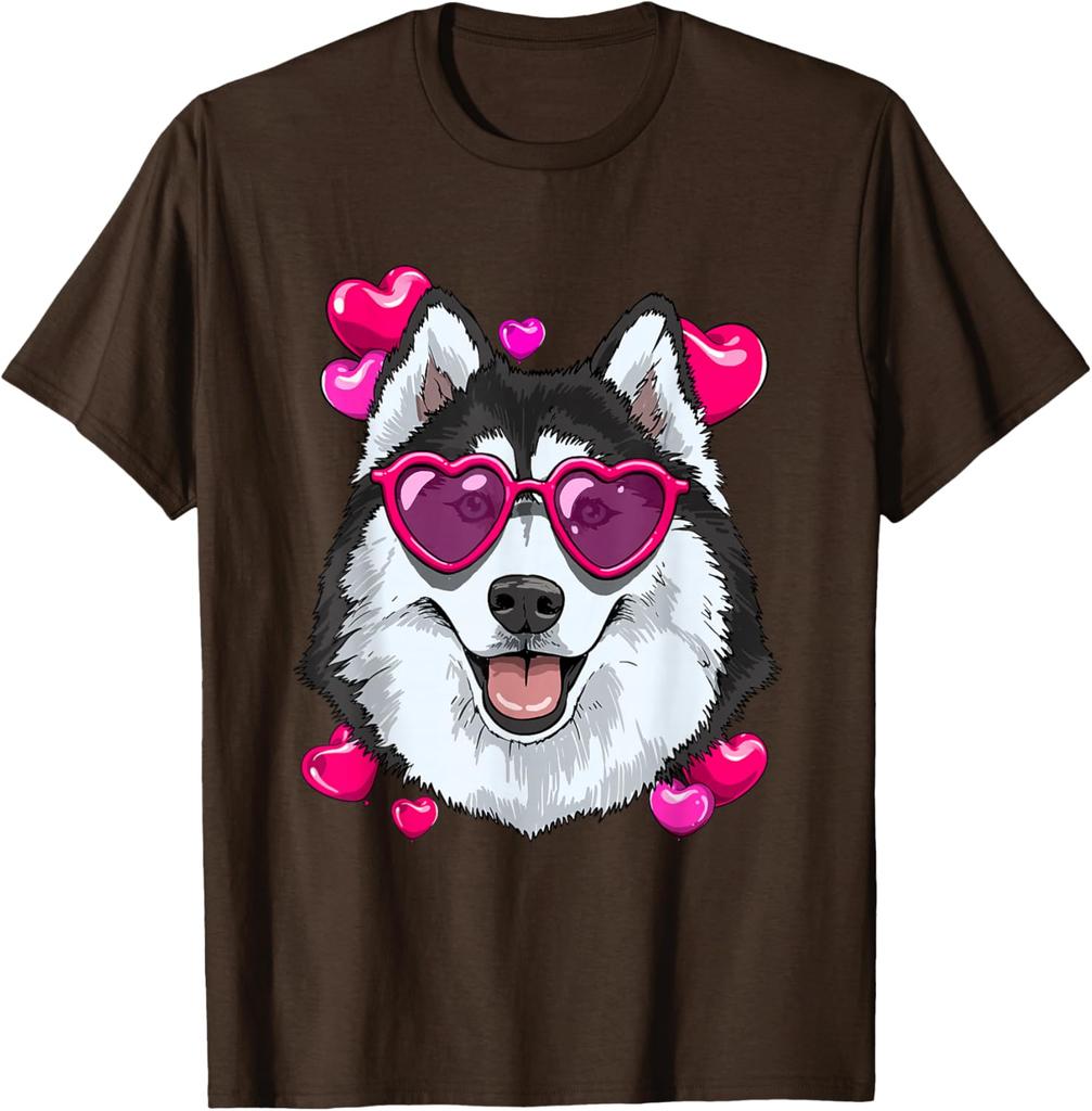 Husky Dog Heart Sunglasses Valentines Day Graphic Tee Soft Cotton Casual Short Sleeve Shirt