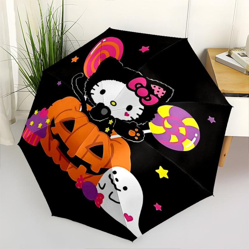 

1pc Hello Kitty Halloween Pumpkin Ghost Cupcake Lollipop Automatic Opening Folding Umbrella - Portable 3-Fold Design with 8-Bone Iron Frame, Perfect f