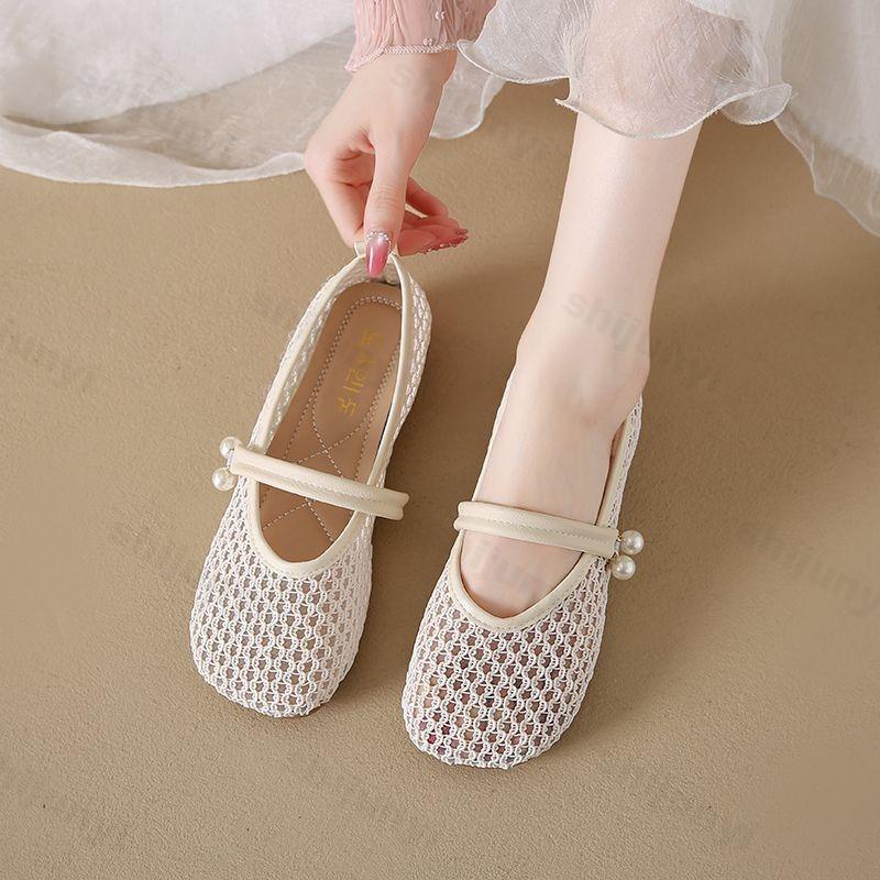 Fashion Women Mary Jane Shoes 2025 Summer Mesh Breathable Comfortable Casual Shoes Hollow Out French Dress Pearl Fashion Women's Shoes