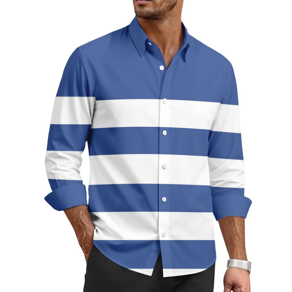 Men's Casual Stylish Striped Printed Shirt - Men's Lapel Buttoned Long-sleeved Shirt