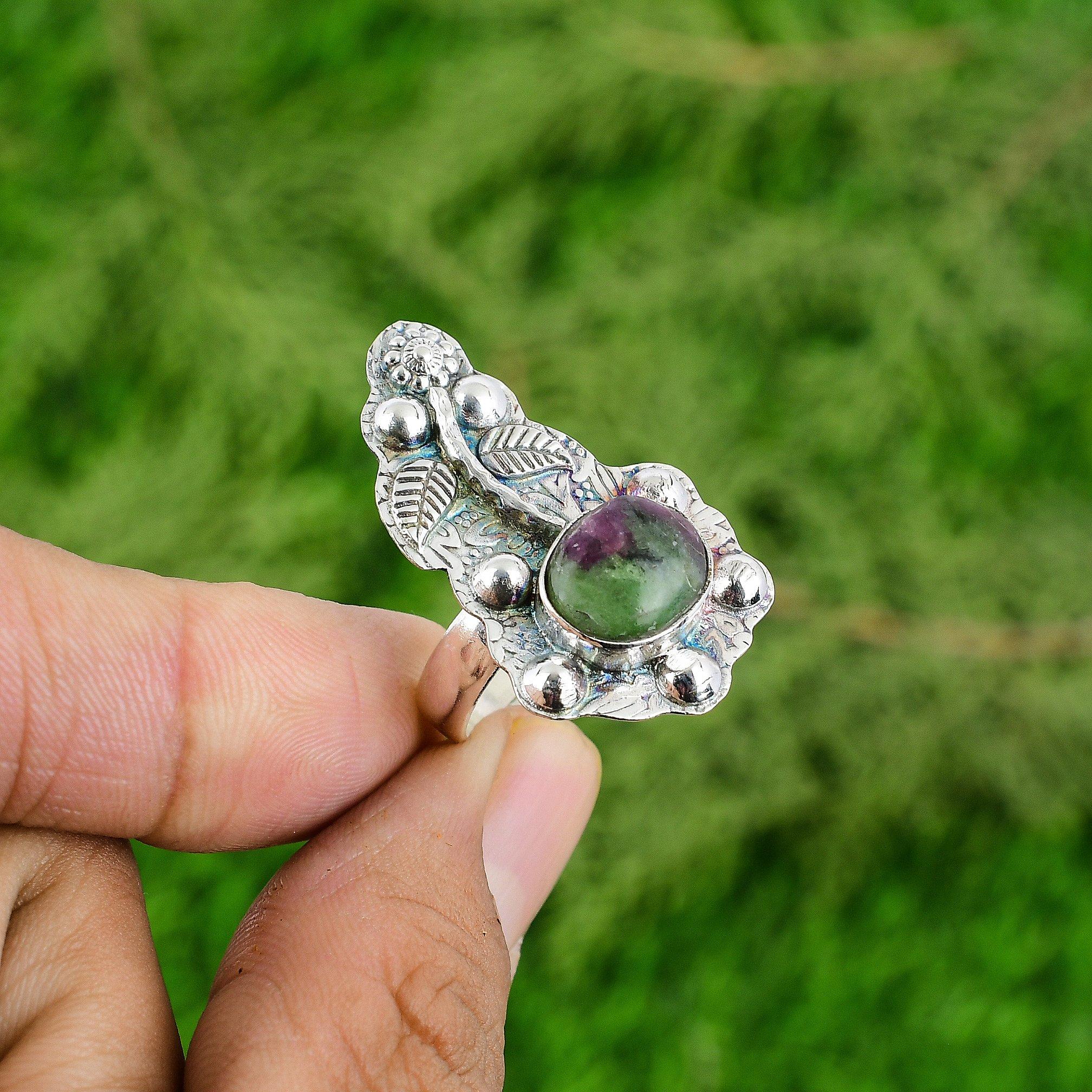 

Круглый камень рубин-цоизит ручной работы, штабелируемое кольцо-цветок, ювелирное изделие из стерлингового серебра Adjustable