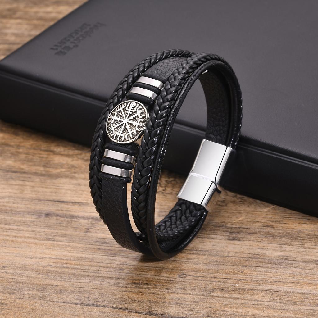 Nordic Viking Bracelets for Men Boys, Black Leather Bracelet Men, Birthday and Christmas Gifts for Dad, Father, Husband, BFF