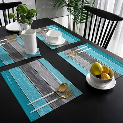 Non-Slip Waterproof Home Dining & Restaurant Decor 4/6/8/10Pcs Blue-Gray Striped Wood Grain Table Mat Machine Washable