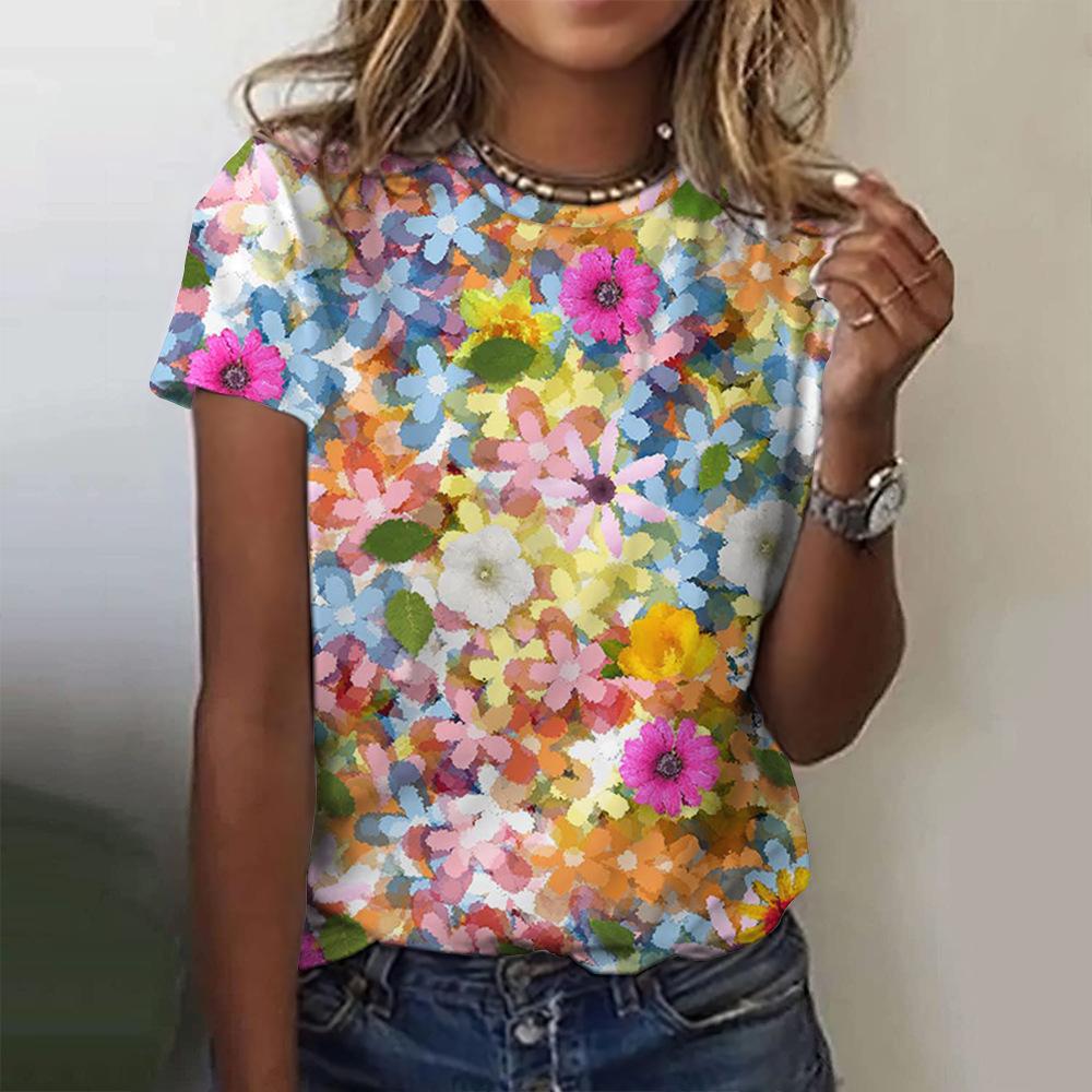 Women's T-shirt 3D digital printed women's round neck top with colorful floral print