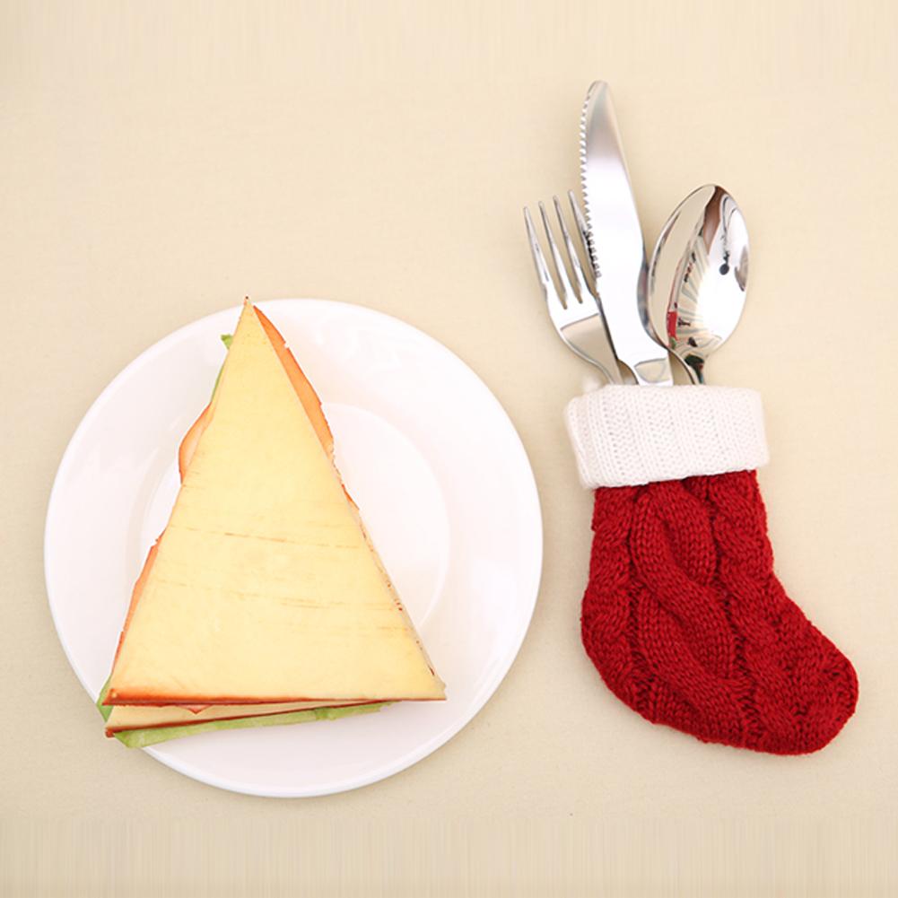 6Pcs Christmas Cutlery Socks Silverware Holder Adorable Knitting Stockings Decorative Santa Cutlery Bag for Xmas Tree Fireplace
