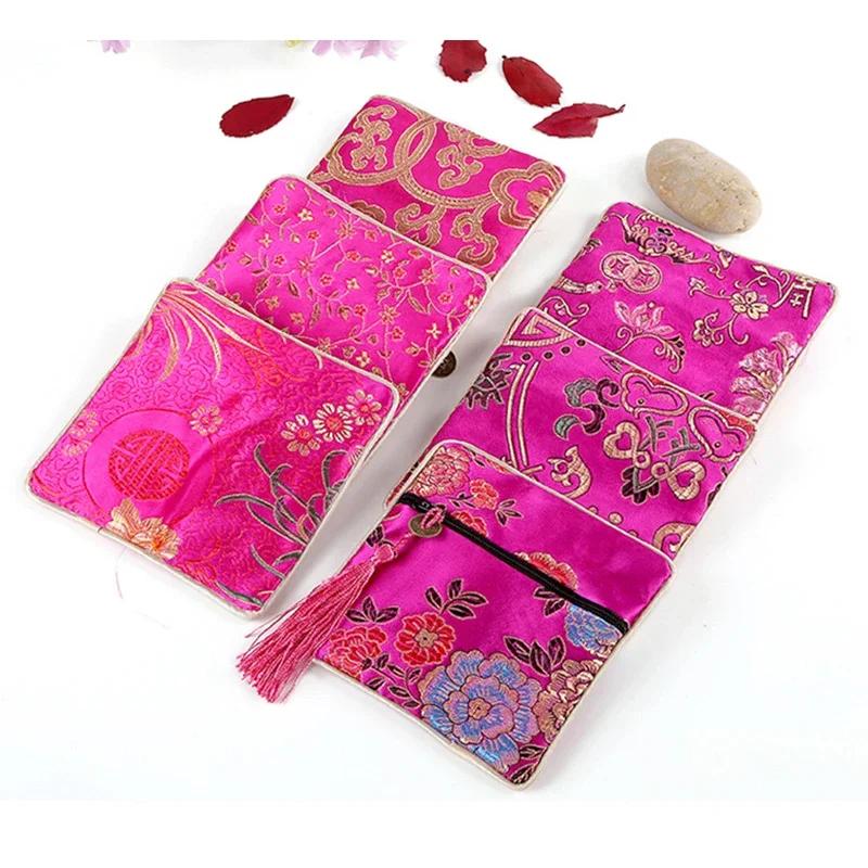 Chinese Brocade Jewelry Bag Handmade Silk Embroidery Padded Small Zipper Tassel Jewelry Organizer Storage Pouch Satin Gift Bag