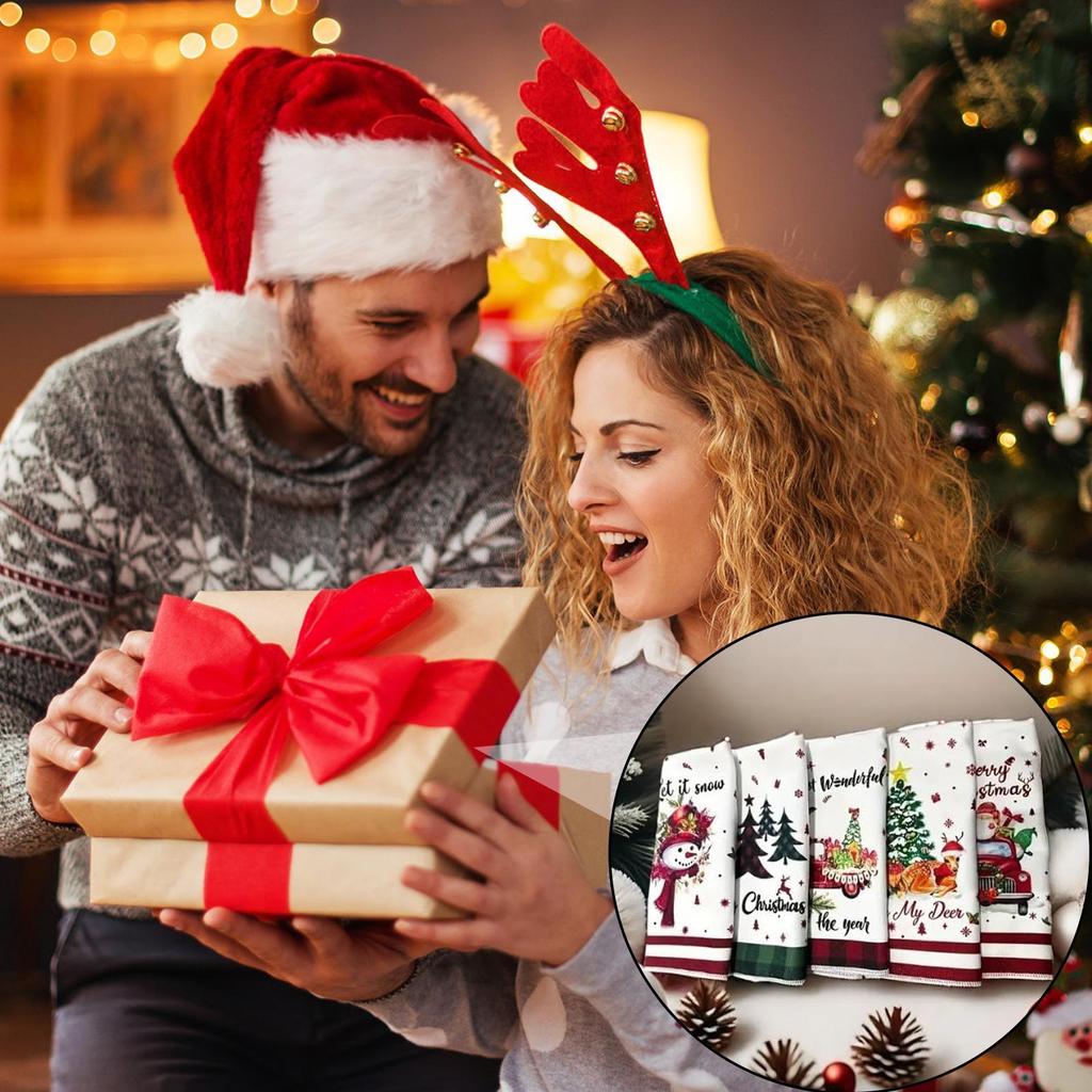 5 Stück Weihnachts-Küchentücher Festliches Geschirrtuch Weihnachtsmann Elch Schneemann Wichtel Weihnachtstücher für Feiertagsparty Zuhause Essen