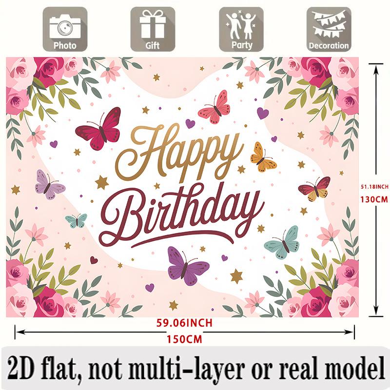 Party Backdrop Floral Elegant Flat Butterflies Golden Script Text Photo Booth Decor Birthday Party Decor