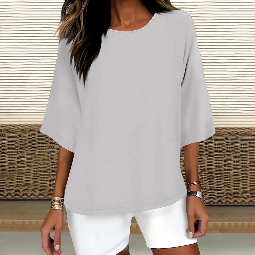 Women's Fashion Solid Color Casual T-Shirt Seven Sleeve Round Neck Cotton Top