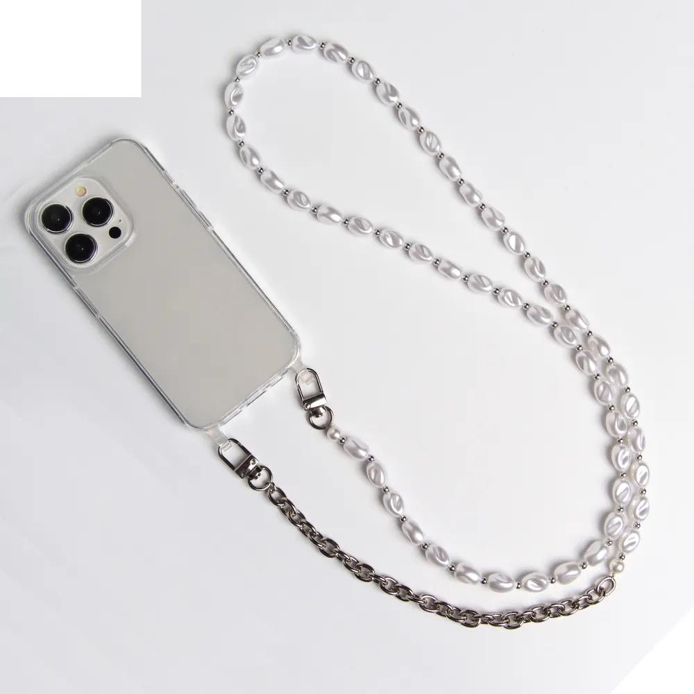 Pearl Bracelets Chain Crossbody Necklace Lanyard Phone Case For  Iphone 16 15 14 Pro 13 12 Mini 11 7 8 Plus Beige Cover