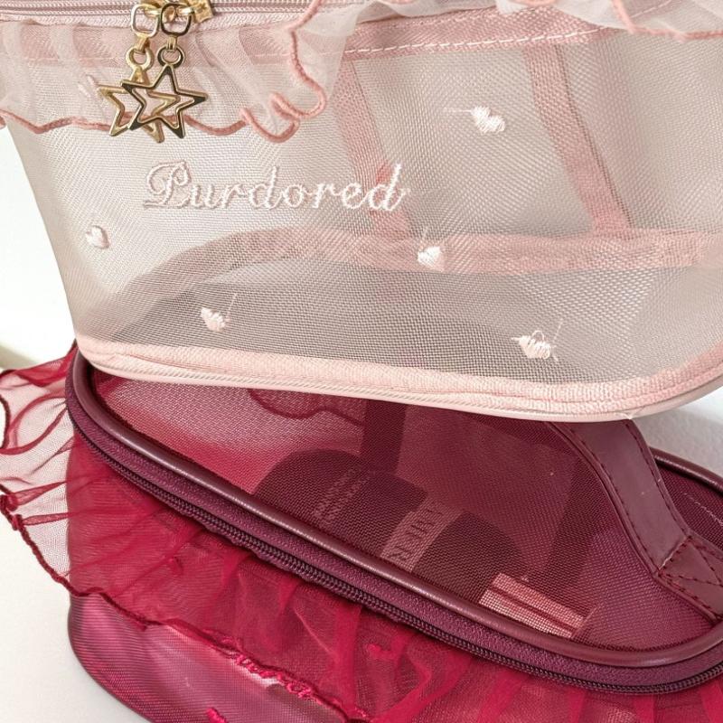 1Pc Purified Red Mesh Makeup Bag With Ruffle Detail Love Embroidery Cute Portable Cosmetic Organizer For Girls Toiletry Pouch