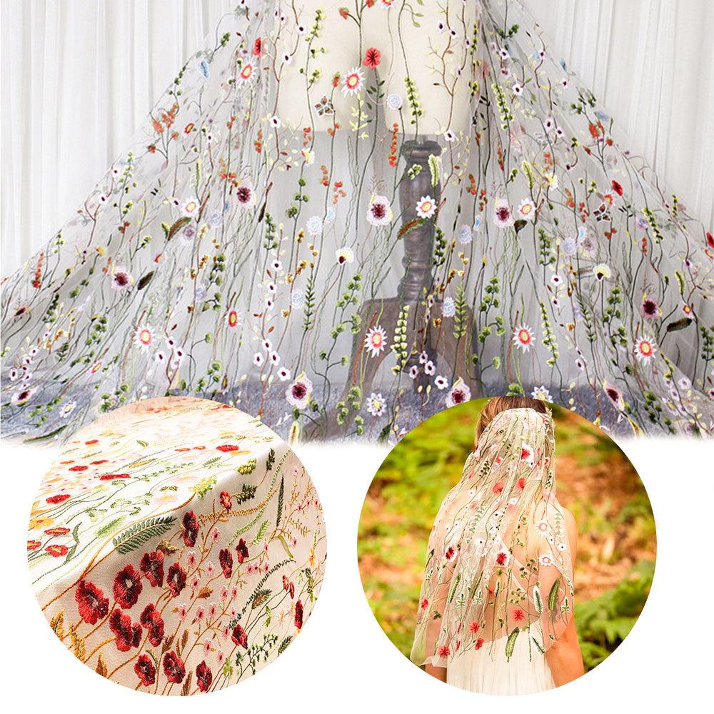 1 Yard Florals Lace Embroidered Printed Net Fabric Black White Soft Mesh DIY Clothes Wedding Dress Tutu Skirt Curtain Crafts