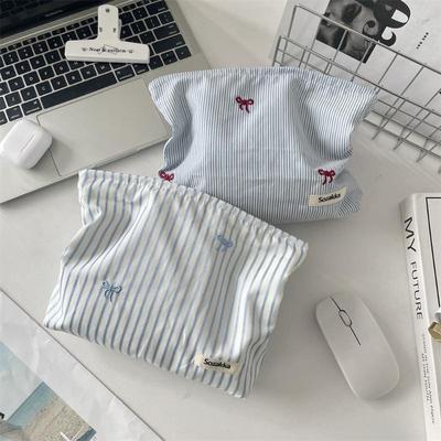 Fresh Striped Plaid Cosmetic Bag Korean Simple Bow Embroidered Makeup Bag Storage Bag Toiletry Storage Pouch