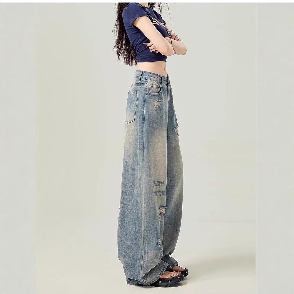 Light Blue High-Waist Distressed Wide-Leg Jeans for Women