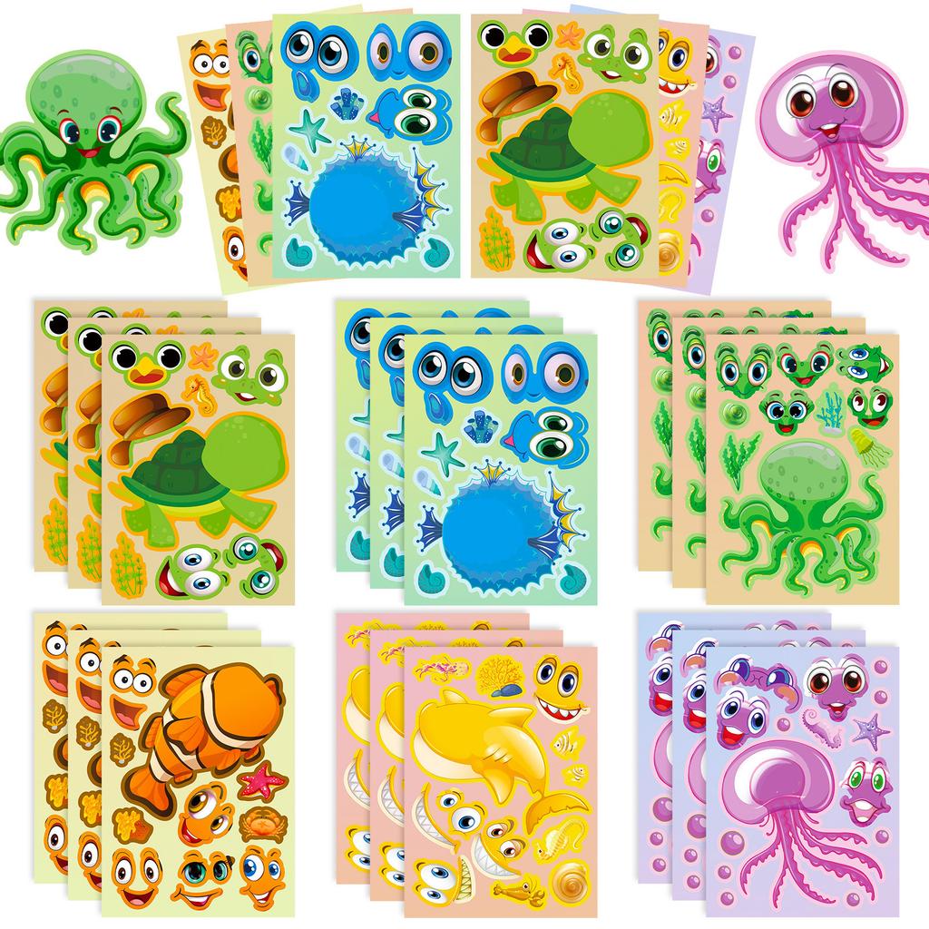 6 Photos/pack of Jellyfish Ocean Face Change Stickers DIY Children's Reward Cartoon Undersea Creature Puzzle Face Change