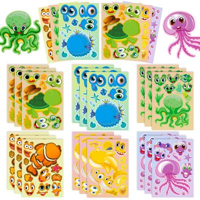 6 Photos/pack of Jellyfish Ocean Face Change Stickers DIY Children's Reward Cartoon Undersea Creature Puzzle Face Change