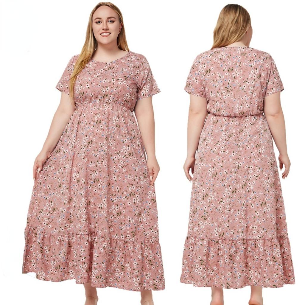 Fashionable and Versatile Plus Size Dress with Short Sleeves and Printed Pocket