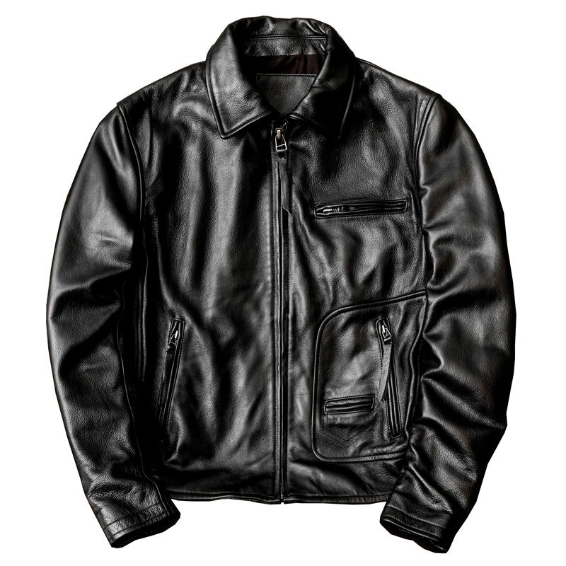 New Genuine Leather Jacket Men Slim Fit Short Biker Coat Real Cowhide Motorcycle Jacket