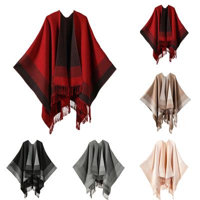 Xale Feminino da Moda Monocromático com Franjas e Fenda, Cachecol Tricotado Quente de Caxemira Imitada Tridimensional Ondulado de Dupla Face, Cardigã Capa