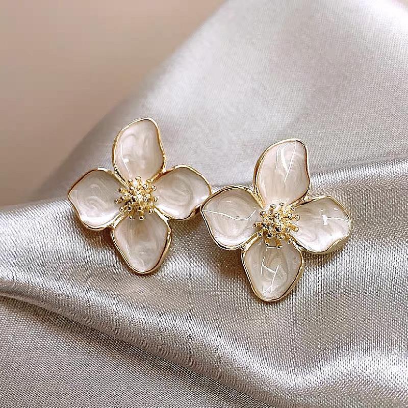 925 Silver Hibiscus Red Flower Stud Earrings - Retro Hong Kong Style with Three-Dimensional Drip Glaze Design