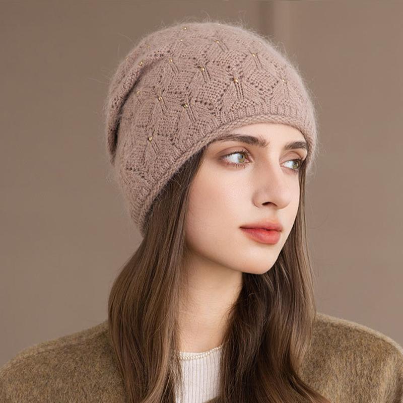 Winter Rabbit Fur Knitted Hat Women's Pullover Hat