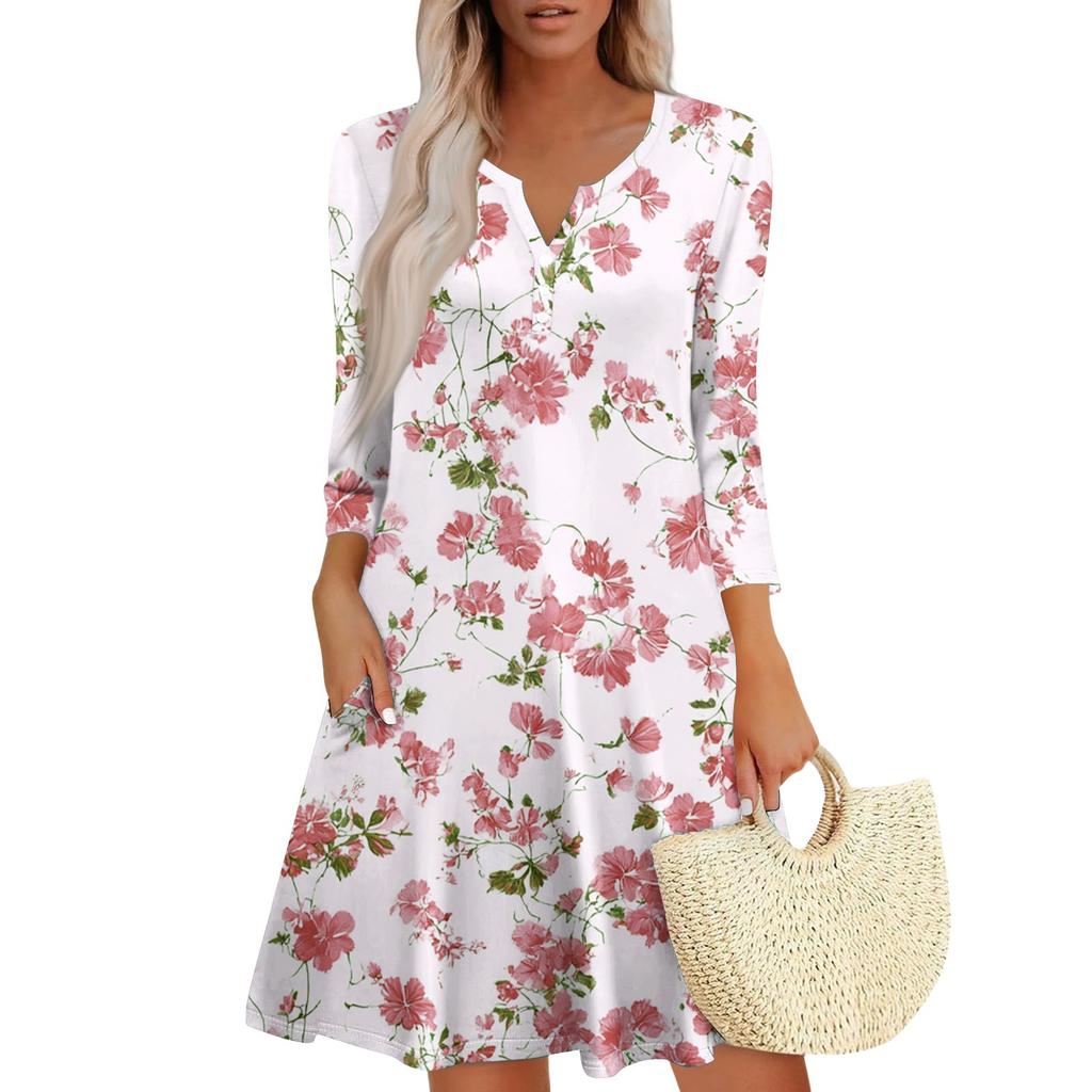 Women's Fashionable V-Neck Button Seven Part Cuff Pocket Floral Dress