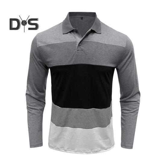 

Осень-весна мужской топ с отложным воротником, пуловер, эластичный, с длинными рукавами, с полосатым принтом, средней длины, для фитнеса, бизнеса, повседневной носки, рубашка S светло-серый