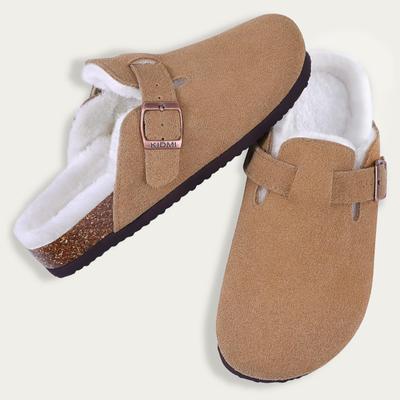 Mode Crestar Damen Pelzgefütterte Wildleder Clogs Fuzzy Korkfußbett Pantoletten Slipper Winter Fuzzy Kork Hausschuhe Kurzplüsch Hauspantoffeln
