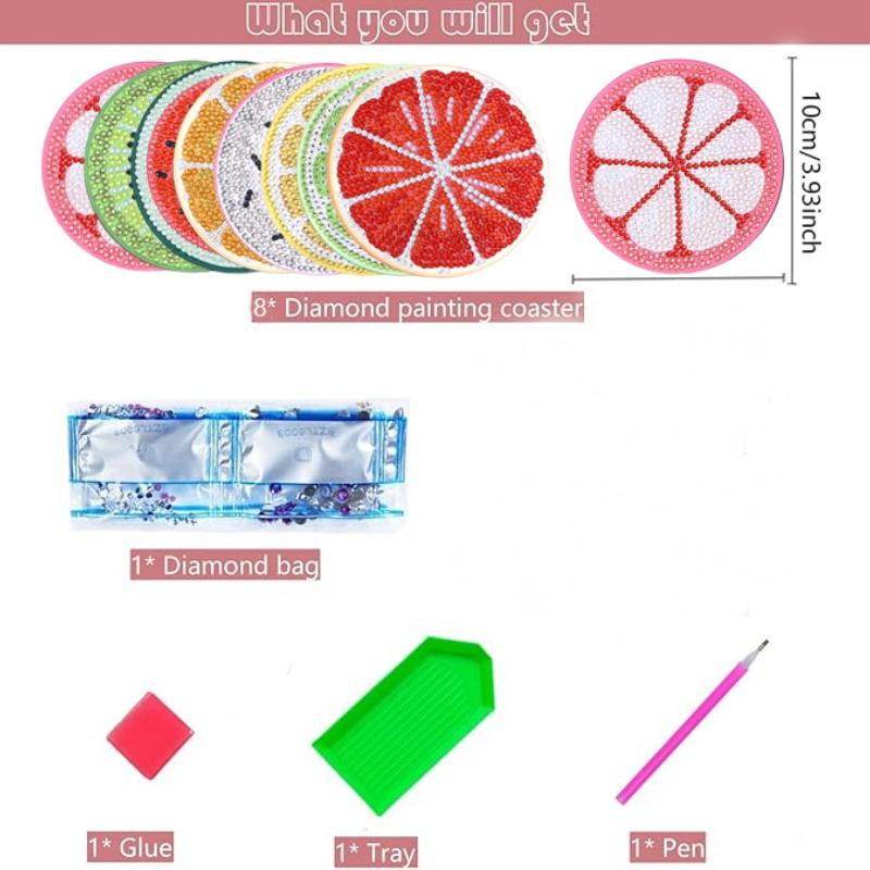 8-piece Fruit Pattern DIY Diamond Art Painting Coaster Without Cup Holder Wooden Coaster Living Room Office Bar Restaurant