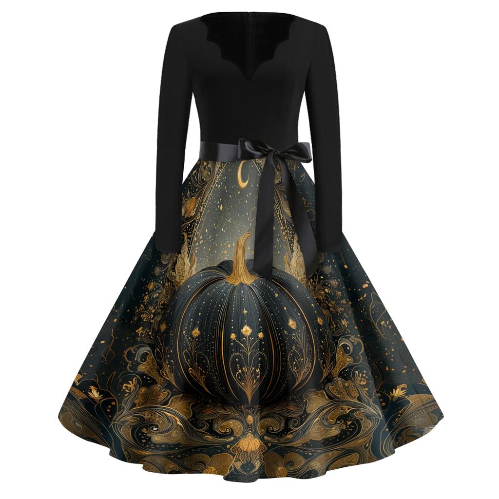 Women's Casual Vintage Halloween Dress V Neck Long Sleeve Floral Print Retro Style A Line Midi Dress with Waist Tie