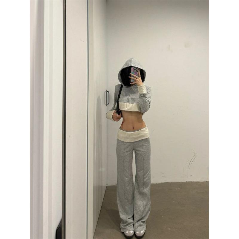 Korean Casual Lazy Sweet Spicy Pure Color Knitted Coat Autumn New Niche Design Sense of High-waisted Long Pants Two-piece Female Tide