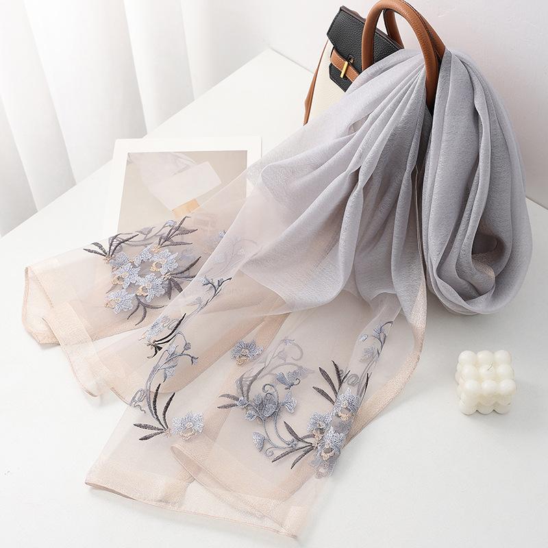 Four Season silk wool scarf women hijab pashmina shawls wrap Bandana Blanket Floral Pashmina Embroidery Scarves Foulard