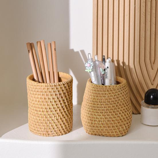 Huaqianguhh Faux Rattan Pen Holder, Woven Style Makeup Brush Boho Desktop Organizer, Multi-functional Resin Pencil Cup for Home Office