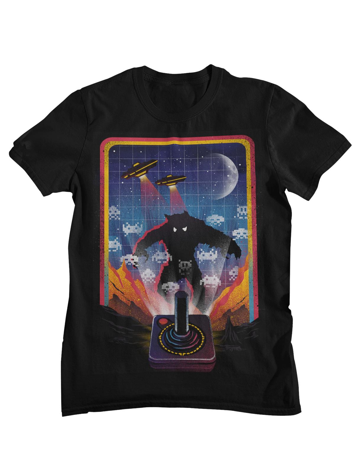 Retro Space Invaders Monster Joystick Graphic T Shirt s Arcade Game Mashup Streetwear Cotton Tee for Retro Gaming Fans 3XL