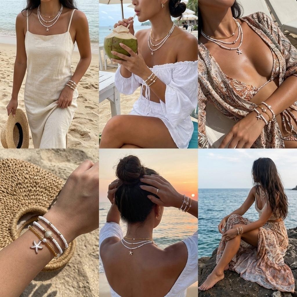 Summer Vacation Ocean Style Starfish Shell Rice Beaded Necklace Bracelet Set For Women Men Bohemian Sea Star Beach Jewelry Set