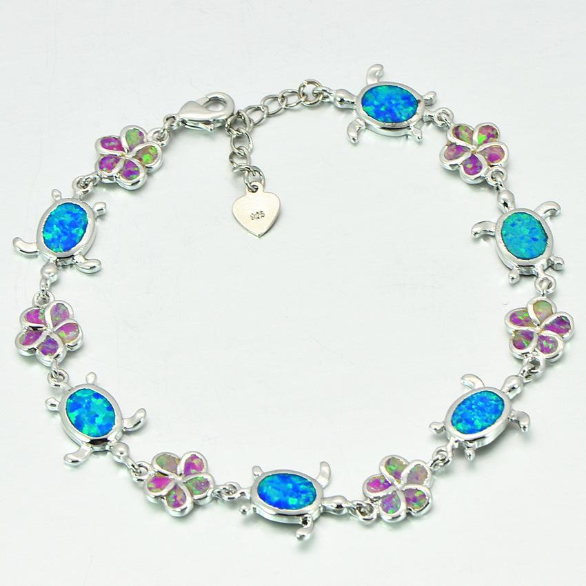 Colorful Opal Hawaiian Turtle Flower Jewelry Set: Necklace & Bracelet синий