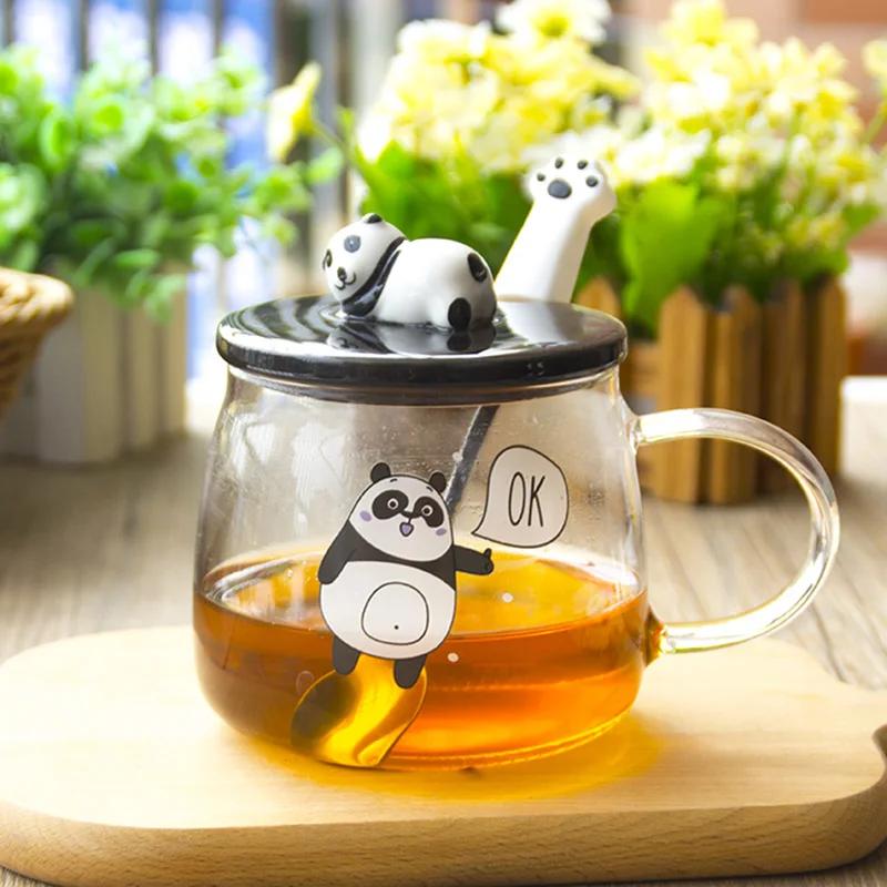 Cană de sticlă rezistentă la căldură creativă de 500 ml cu capac din sticlă borosilicată, cu desene animate de panda, cană de lapte pentru micul dejun și cafea pentru acasă