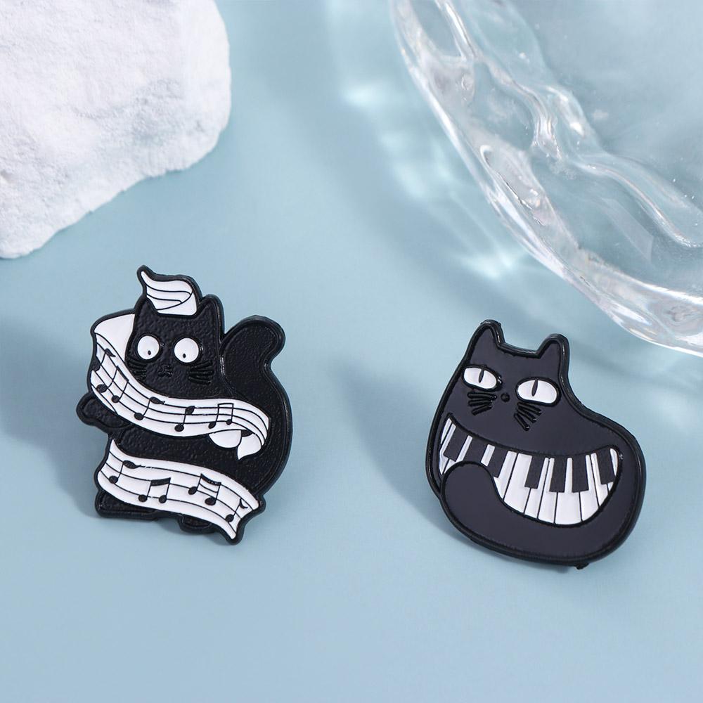 Purring Kitten Black Cat Enamel Pin Cartoon Beating Note Brooch Cute Piano Cat Badge  Jeans