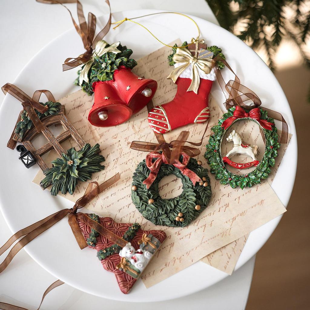 Retro-Style Elderly Boots, Snowman, & Bells Christmas Tree Hanging Decoration Resin Pendant Wreath