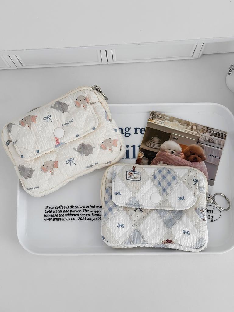 Cute Cartoon Bowknot Print Women's Zipper Change Bags Quilted Plaid Ladies Portable Clutch Storage Bag Female Multi Pocket Purse