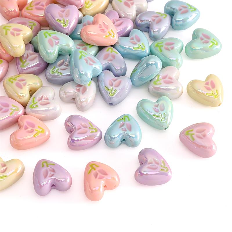 2pcs [20x19mm] Tulip Love Heart Beads Cream Peach Heart Acrylic Beads Mobile Phone Chain Backpack Ornaments DIY Accessories