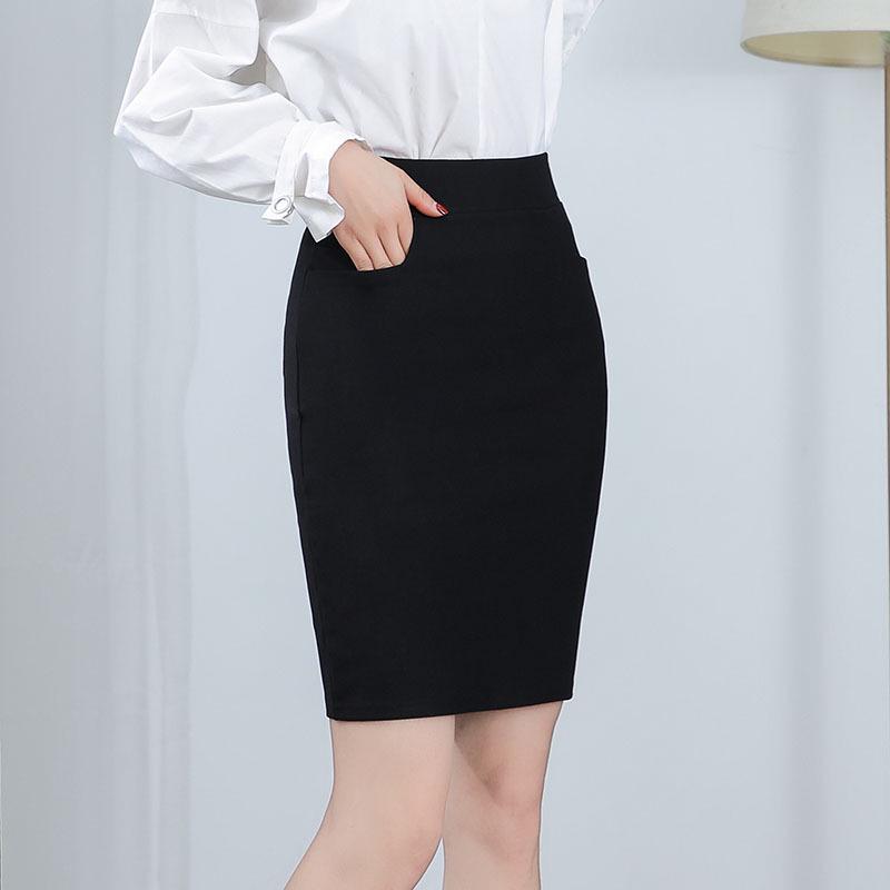 Cross-Border High Waist Elastic Midi Skirt with Pockets - Black Slimming Office Skirt for Women