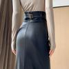 High-Waisted PU Leather Pencil Skirt with Back Slit - Women's Autumn/Winter Midi Skirt