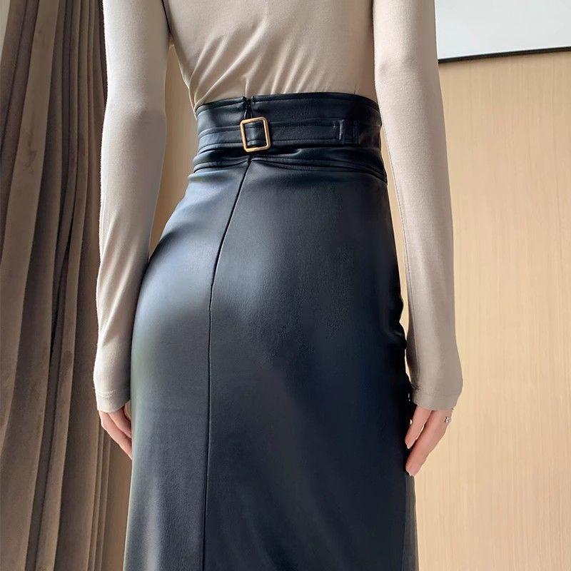 High-Waisted PU Leather Pencil Skirt with Back Slit - Women's Autumn/Winter Midi Skirt