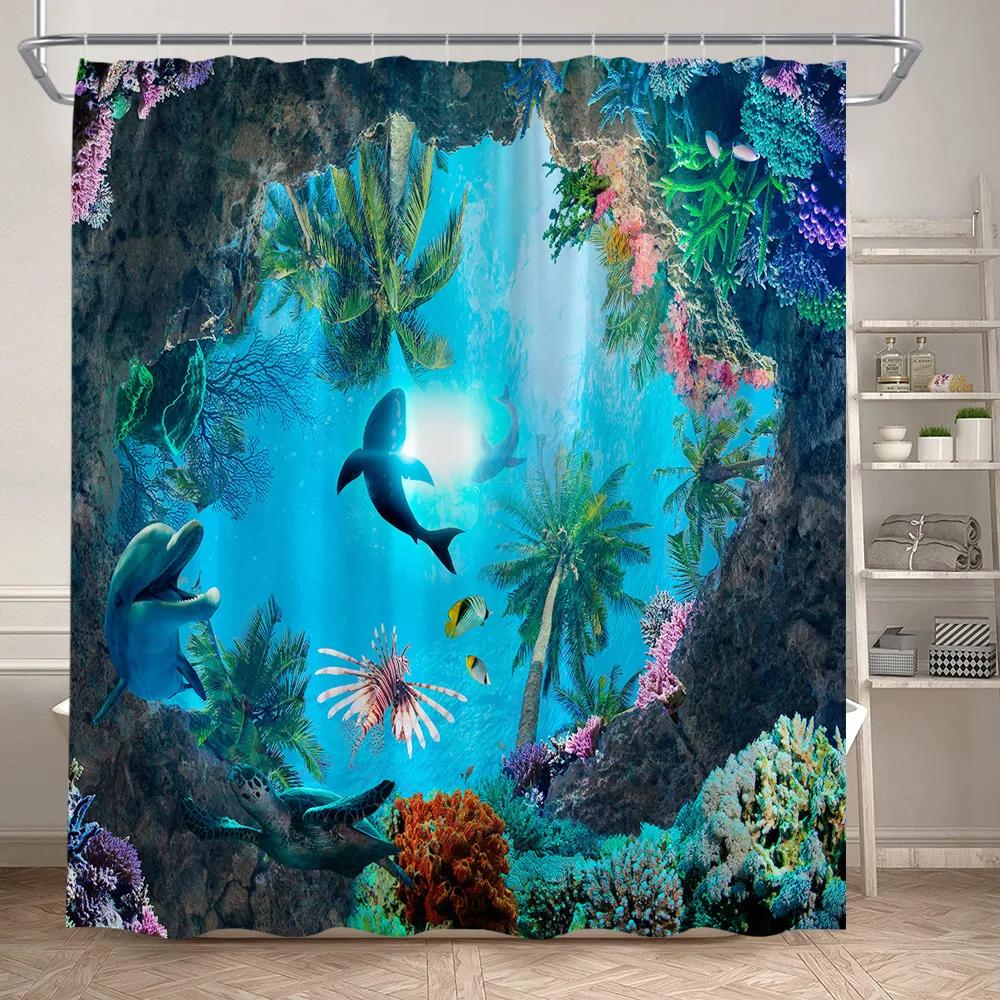 VIKAMA Underwater World Theme Shower Curtain - Waterproof and Mold-Resistant Bathroom Partition Curtain for Home Decoration